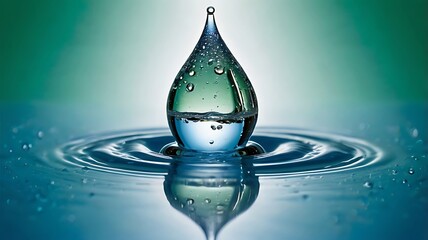 Captivating Water Drop Collision Macro Photography with Ripples and Reflections on a Serene Blue Green Background