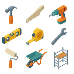 Construction Tools Icons. Isometric Flat icon set of construction tools: hammer, saw, electric drill, spirit level, measuring tape
