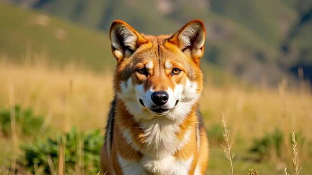 Witness the beauty of a Balean Wolf, or Ethiopian Wolf, in stunning 4k footage, showcasing its distinctive red and white coat, narrow snout, and piercing amber eyes in its natural habitat.