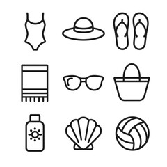 Beach Vacation Icons. Outline icon set of beach vacation outfits: swimsuit, sun hat, flip-flops, beach towel, sunglasses, beach