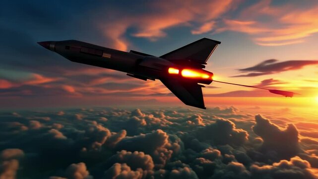 A missile with a nuclear warhead flies above the Earth, invincible force and danger