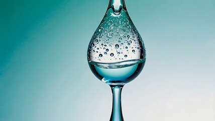 Elegant Water Drop Macro Photography with Detailed Reflections and Bubbles on a Gradient Blue Background