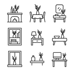 Dried Decor Icon Grid. Outline icon set of Interior Decor with Dried Arrangements: mantel display, dining table centerpiece,