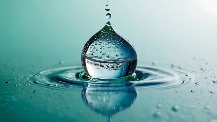 Stunning Water Drop Collision Macro Photography with Intricate Ripples and Reflections on a Light Blue Backdrop