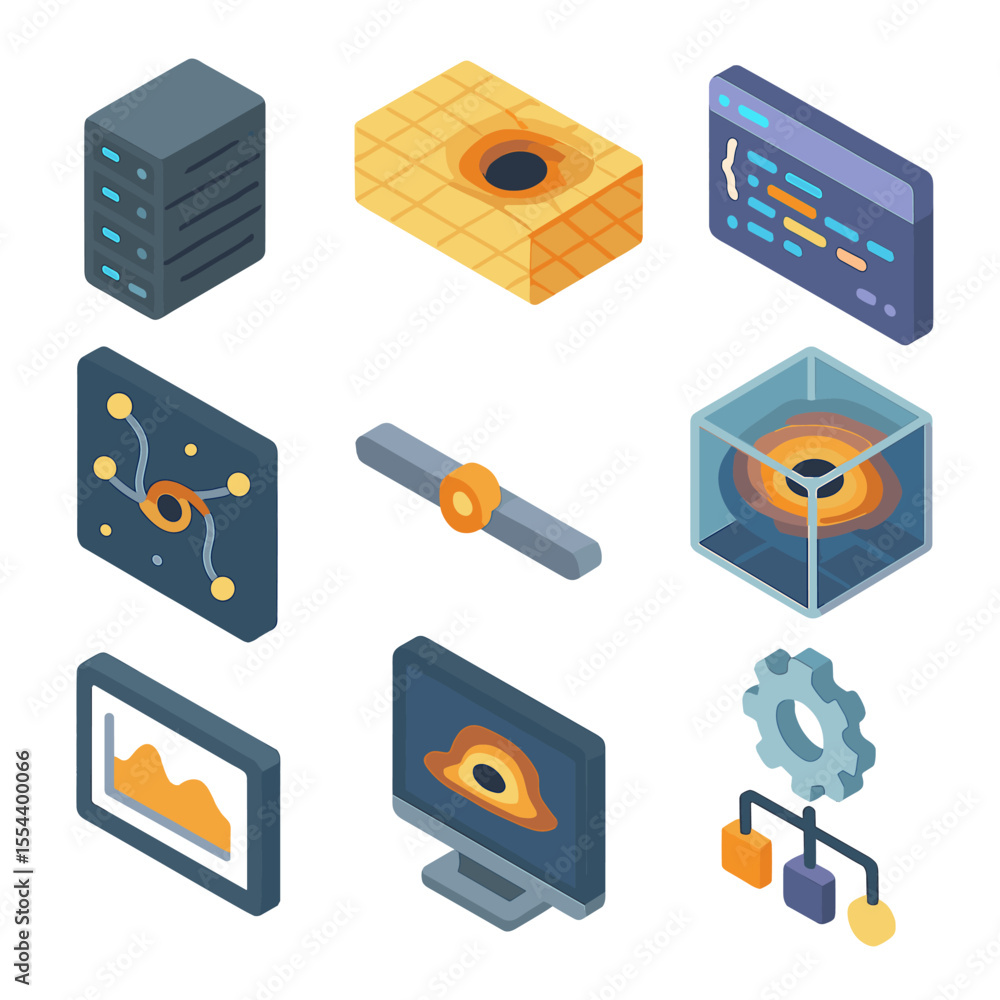 Poster black hole simulation icons. isometric flat icon set of black hole simulation and modeling: computer