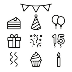 Birthday Celebration Icons. Outline icon set of Birthday Party Bunting: cake slice, party hat, balloons, gift box, confetti,