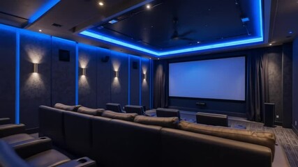 Luxury home cinema with large projection screen. Comfortable seating, cozy blue lighting creates a stunning cinematic experience, the perfect entertainment place at home. 4k video