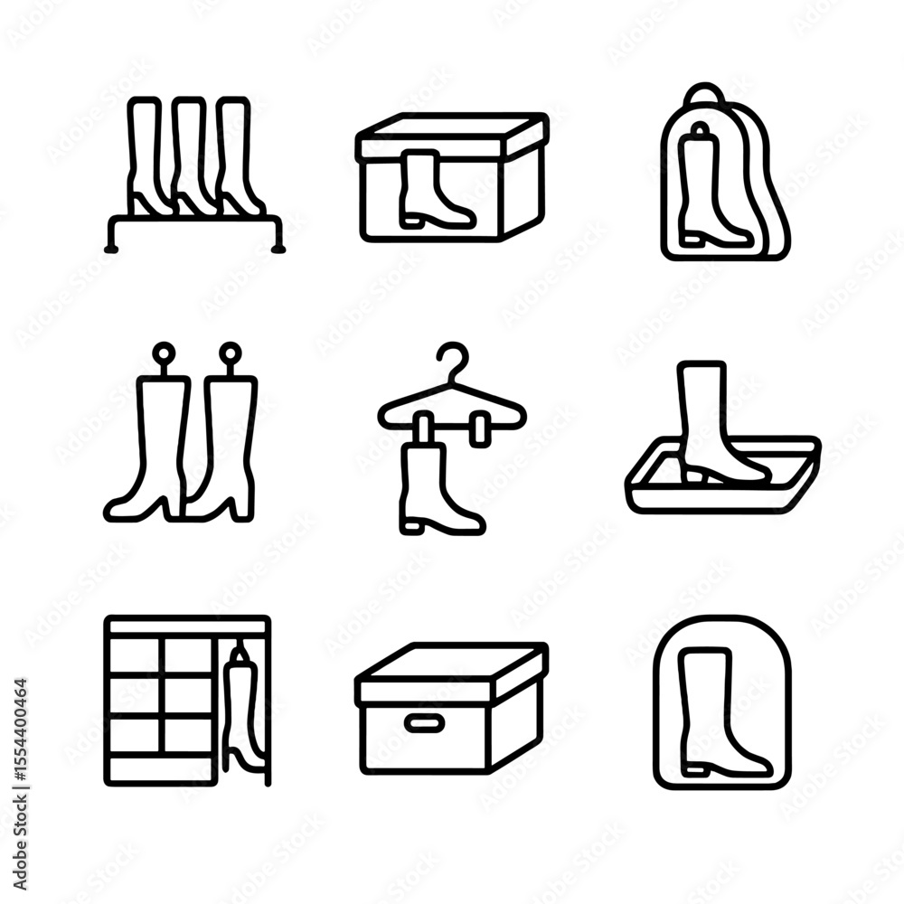 Aufkleber boot storage icons. outline icon set of boot storage solutions: boot rack, boot box, boot bag, boot 