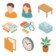 Family Therapy Icons. Isometric Flat icon set of family therapy session: family avatars (adult and child), session table, coloring