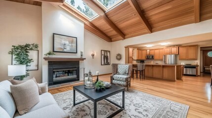 Spacious living room with fireplace and kitchen area.