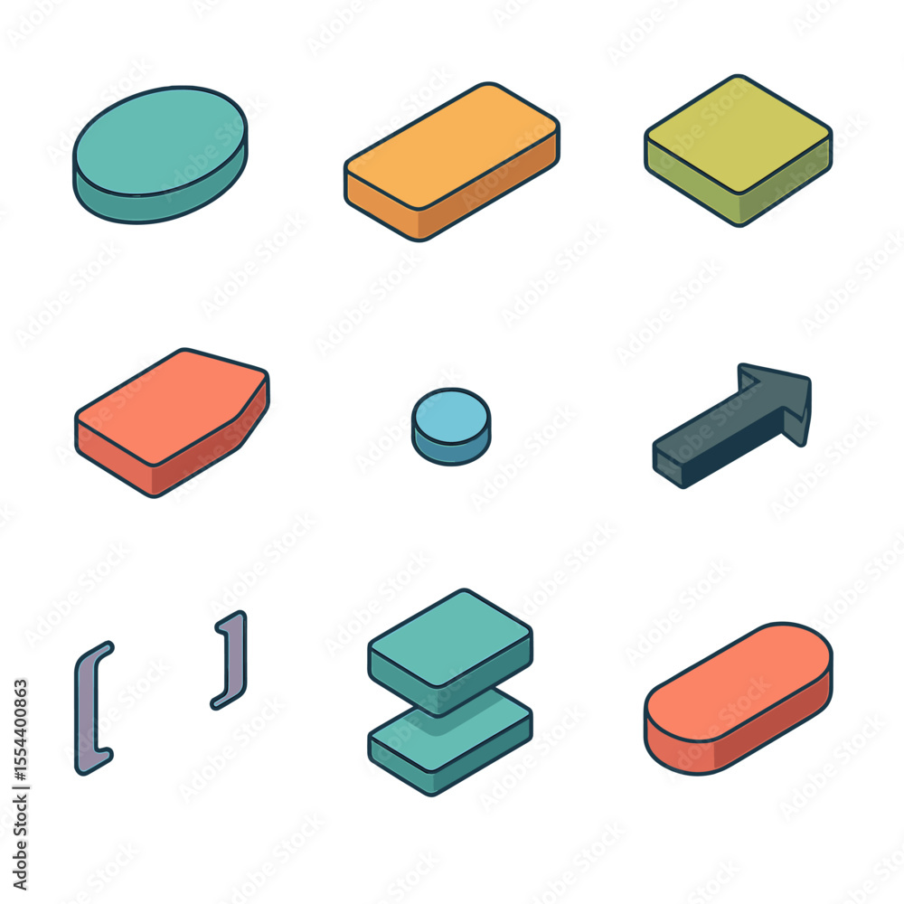 Aufkleber flowchart icon set. isometric flat icon set of flowchart diagram components: start/end oval, process