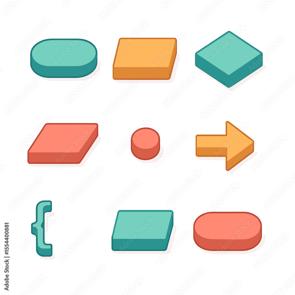 Aufkleber flowchart icon set. isometric flat icon set of flowchart diagram components: start/end oval, process