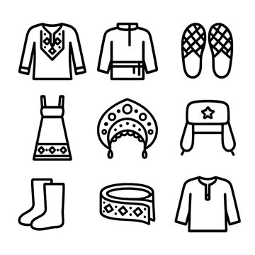 Eastern Wear Icons. Outline icon set of Eastern European traditional wear: vyshyvanka, kosovorotka, lapti sandals, sarafan,