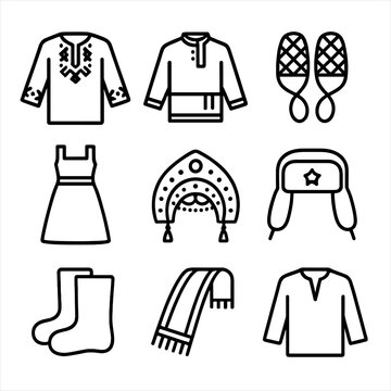 Eastern Wear Icons. Outline icon set of Eastern European traditional wear: vyshyvanka, kosovorotka, lapti sandals, sarafan,