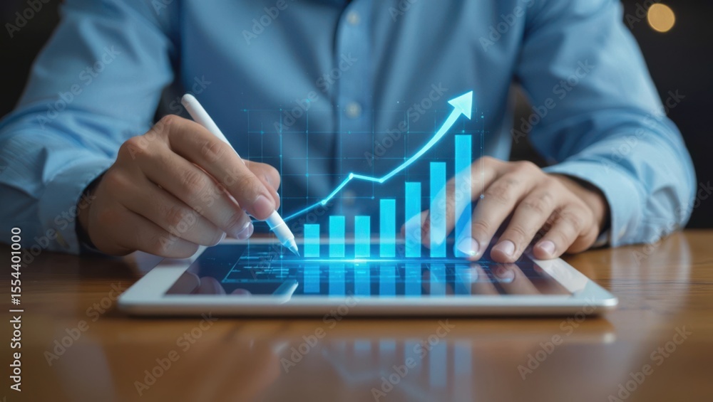 Poster man using a stylus on a tablet displaying a glowing blue bar graph with an upward trend arrow