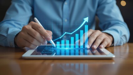 Man using a stylus on a tablet displaying a glowing blue bar graph with an upward trend arrow
