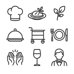 Gourmet Meal Icons. Outline icon set of Chef Sharing Gourmet Meal: chef hat, plated gourmet dish, garnish sprig, cloche cover,