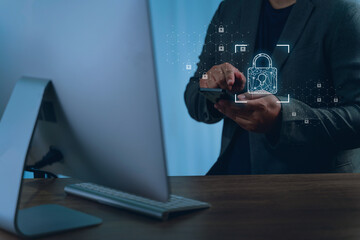 Data protection privacy person business suit using smartphone with digital lock icons and security graphics overlayed, indicating cybersecurity