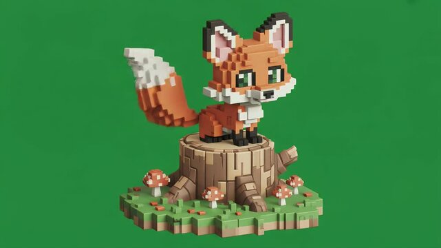 Animated Pixelated Fox on Tree Stump with Mushrooms in Green Screen Background 3d Render