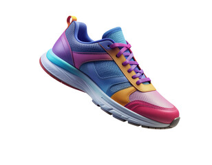 Floating Colorful Sneakers in Motion with Splatter Design, Angled View, isolated on transparent background