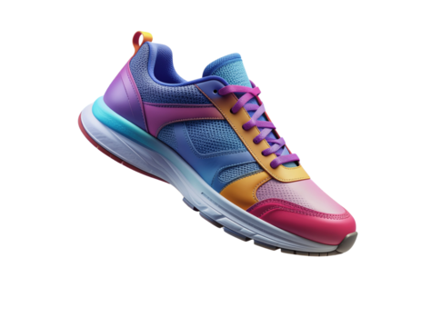 Floating Colorful Sneakers in Motion with Splatter Design, Angled View, isolated on transparent background