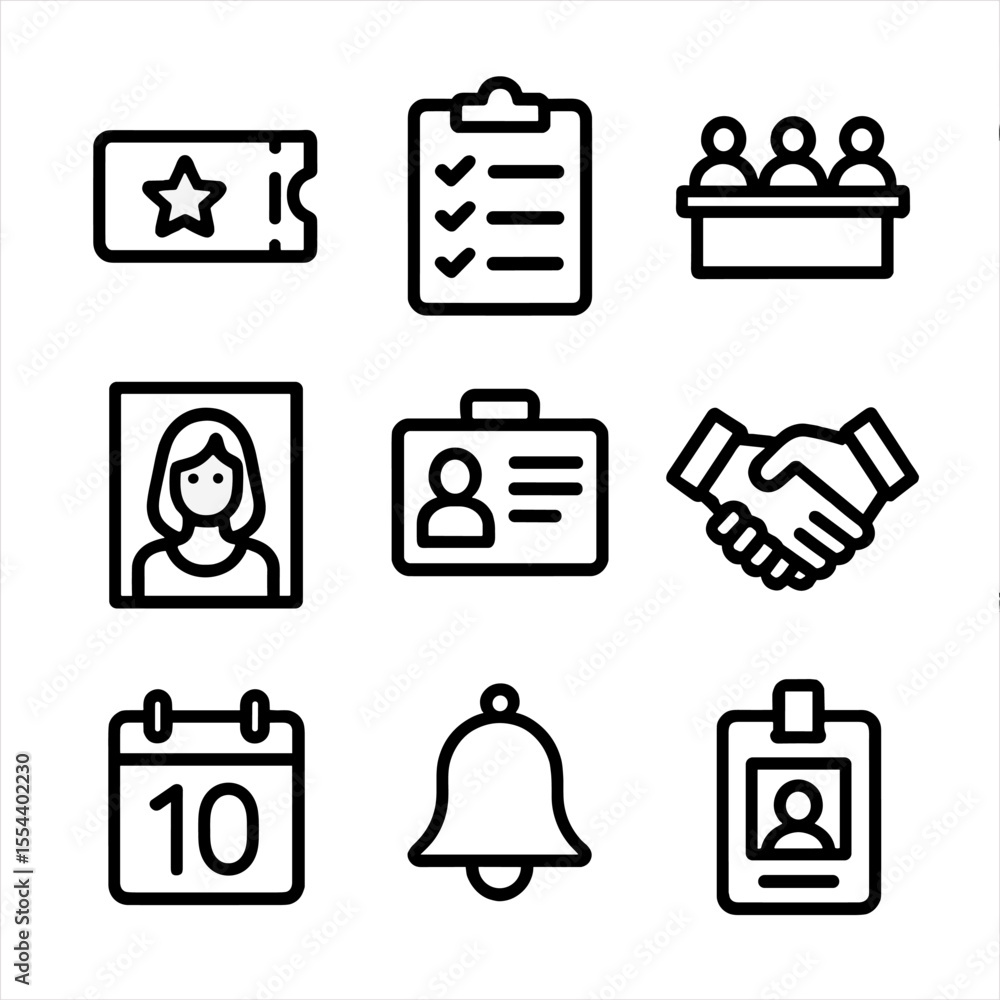 Aufkleber casting call icons. outline icon set of casting call essentials: audition ticket, clipboard with lis