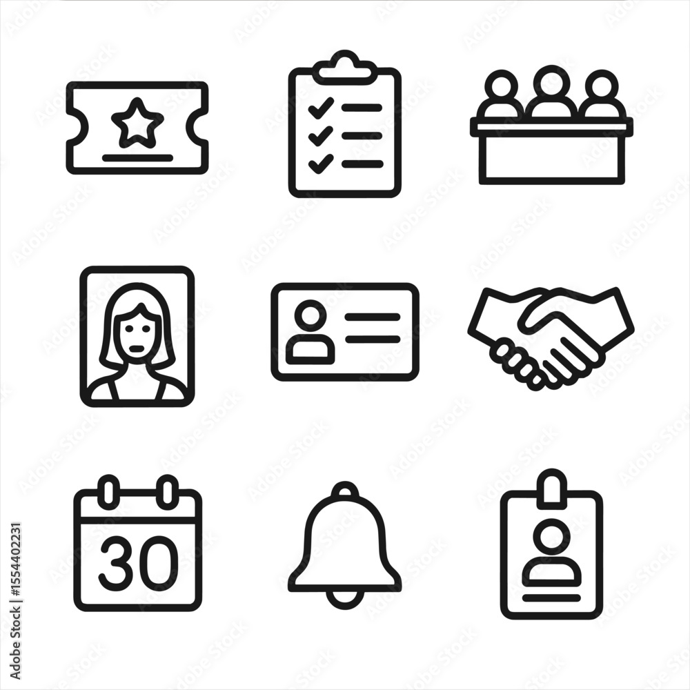 Aufkleber casting call icons. outline icon set of casting call essentials: audition ticket, clipboard with lis