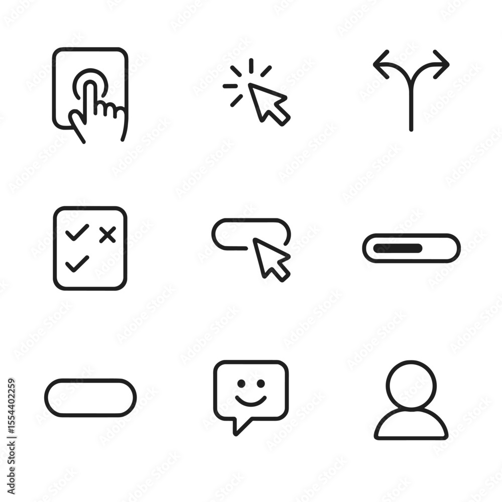 Poster interactive storytelling icons. outline icon set of interactive storytelling: touchscreen, cursor cl