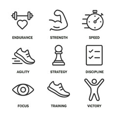 Champion Attribute Icons. Outline icon set of champion attributes: endurance icon, strength muscle, speed stopwatch, agility shoe,