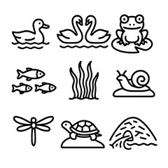 Lake Wildlife Icons. Outline icon set of Lake Wildlife: duck swimming, swan pair, frog on lily pad, fish school, algae bloom,