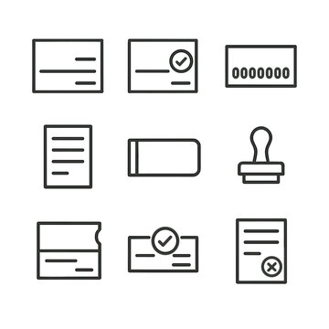 Cheque Icon Set. Outline icon set of cheque transaction paperwork: blank cheque sheet, stamped cheque, MICR line detail, deposit