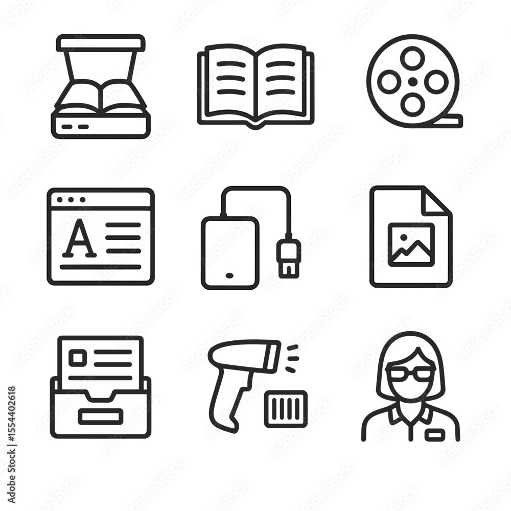 Poster library digitization icons. outline icon set of library digitization: book scanner, open book, micro