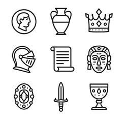Historical Artifacts Icons. Outline icon set of historical artifact collection: bronze coin, ceramic vase, jeweled crown, knight