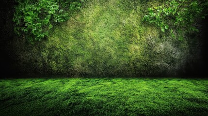 A lush green mossy backdrop with a grassy foreground.