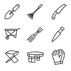 City Gardening Tools Icons. Outline icon set of Gardening Tools for City Space: folding trowel, telescoping rake, pruning saw,