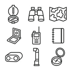 Military Reconnaissance Icons. Outline icon set of military reconnaissance equipment: prismatic compass, binoculars, camouflage