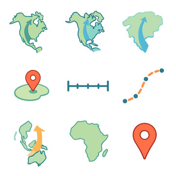Migration Flyway Icons. Isometric Flat icon set of migration routes and flyways: Pacific flyway map, Atlantic flyway map, Central
