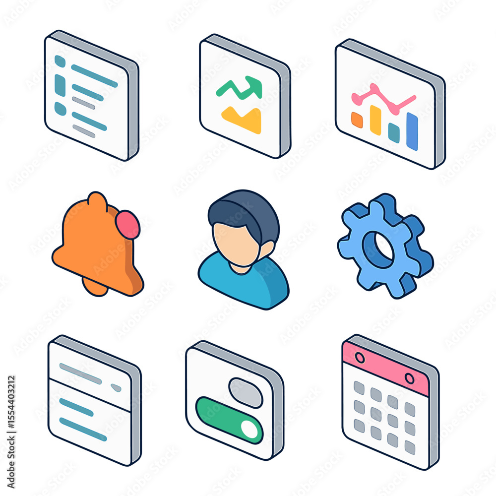 Aufkleber modern dashboard icon set. isometric flat icon set of dashboard interface components: sidebar menu, 