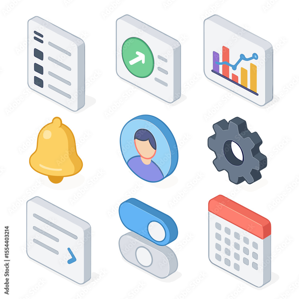 Aufkleber modern dashboard icon set. isometric flat icon set of dashboard interface components: sidebar menu, 