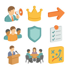 Leadership Icons Set. Isometric Flat icon set of leadership and assertiveness: leader avatar with megaphone, crown icon, team