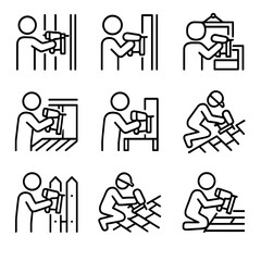 Nail Driving Icons. Outline icon set of nail driving scenarios: framing wall, installing trim, hanging picture, building deck,