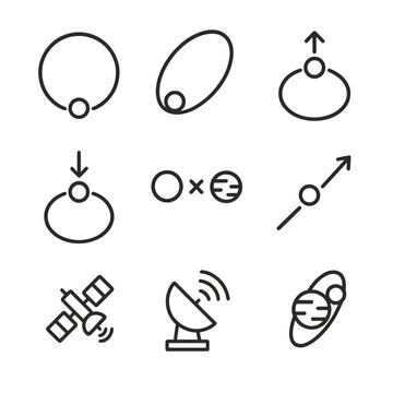 Lunar Orbit Icon Set. Outline icon set of Lunar Orbit and Satellites: circular orbit path, elliptical orbit path, apogee marker,