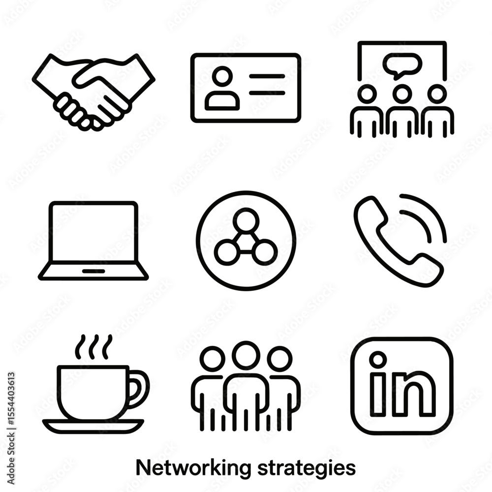 Poster networking icons set. outline icon set of networking strategies: handshake, business card, networkin