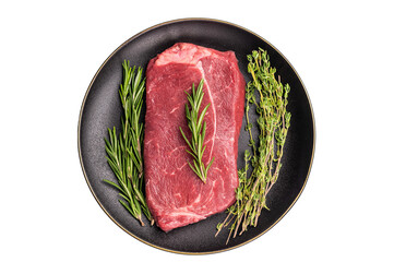 Raw Top sirloin beef steak with herbs isolated on white background. top view
