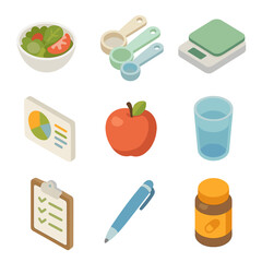 Nutrition Icon Set. Isometric Flat icon set of nutrition counseling: bowl of salad, measuring spoons, food scale, nutrition chart,
