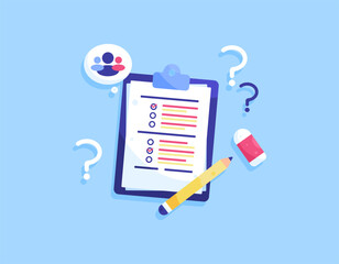 a concept of questionnaire, survey, questions. document for collecting data from respondents. illustration of clipboard with question form with pencil, eraser. question mark symbol. flat style design