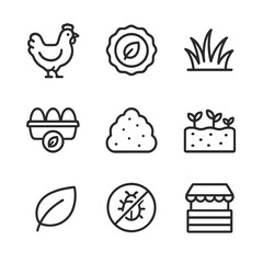 Organic Farming Icons. Outline icon set of organic egg farming: free-range chicken, organic farm badge, grass patch, egg carton