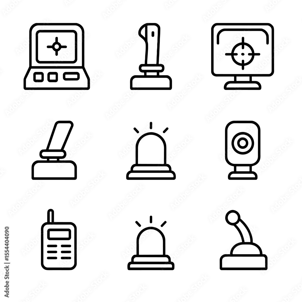 Poster cockpit control icons. outline icon set of manual cockpit controls: pilot console, joystick, hud dis