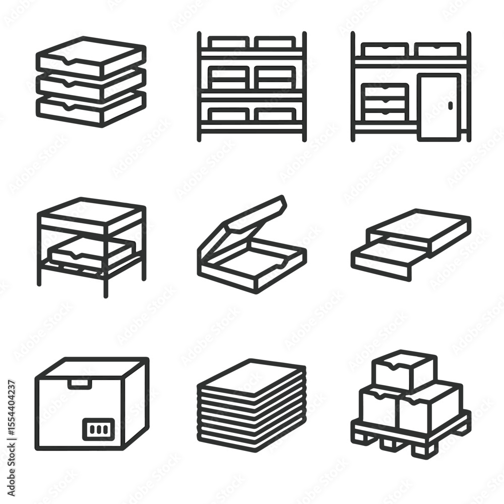 Poster pizza box storage icons. outline icon set of pizza box stacking and storage: stacked boxes, shelf ra