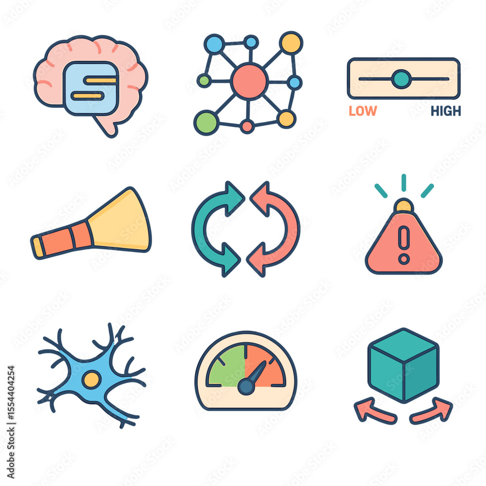 Poster cognitive control icons. isometric flat icon set of cognitive control and dopamine modulation: worki